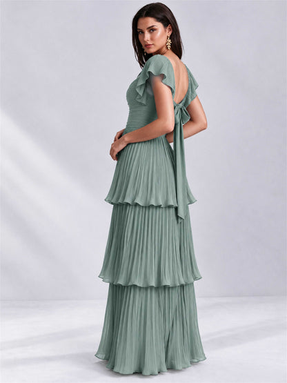 Sweetheart A-Line Tiered Chiffon Pleated Wedding Guest Dress with Flutter Sleeves
