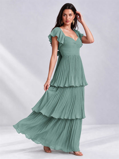Sweetheart A-Line Tiered Chiffon Pleated Wedding Guest Dress with Flutter Sleeves