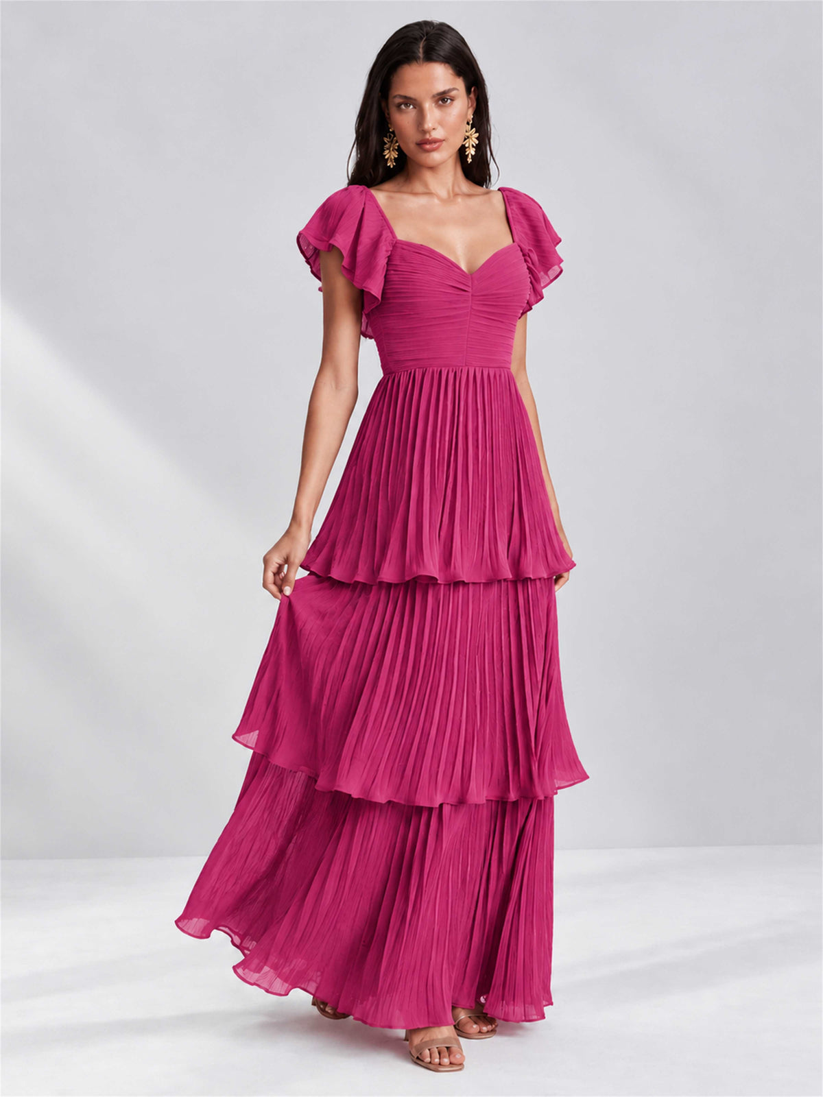 Sweetheart A-Line Tiered Chiffon Pleated Wedding Guest Dress with Flutter Sleeves