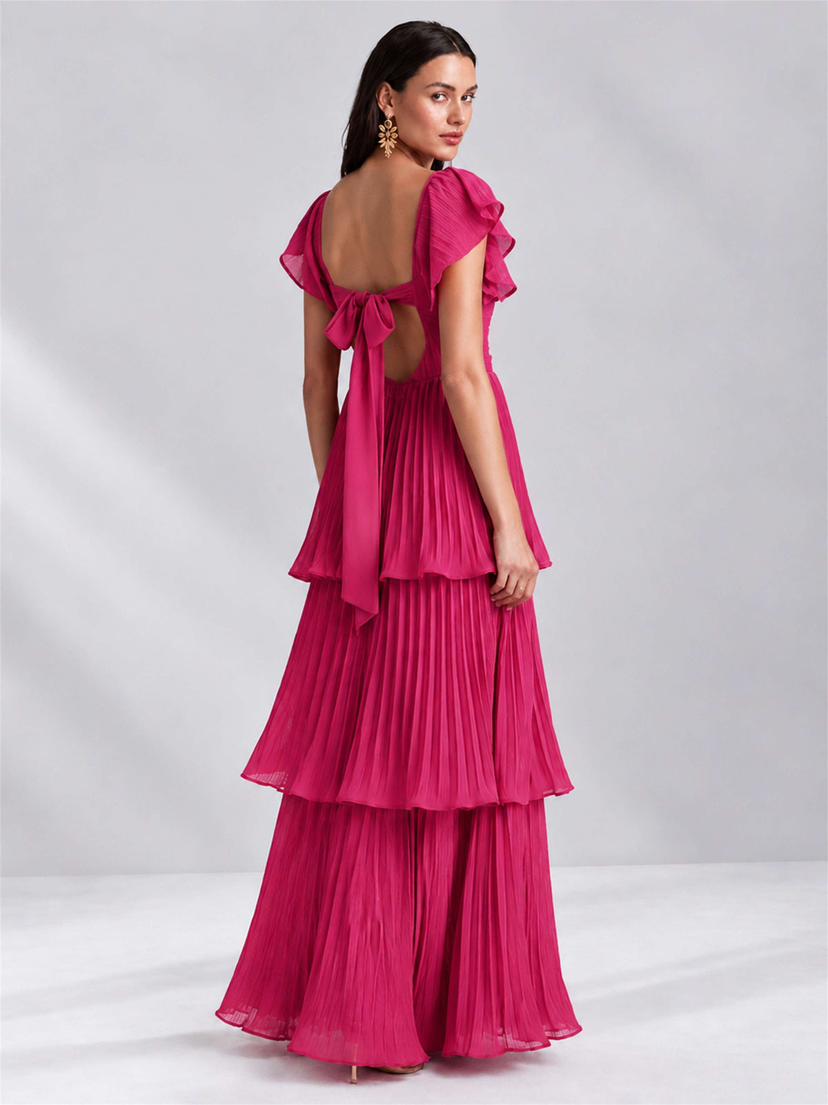 Sweetheart A-Line Tiered Chiffon Pleated Wedding Guest Dress with Flutter Sleeves