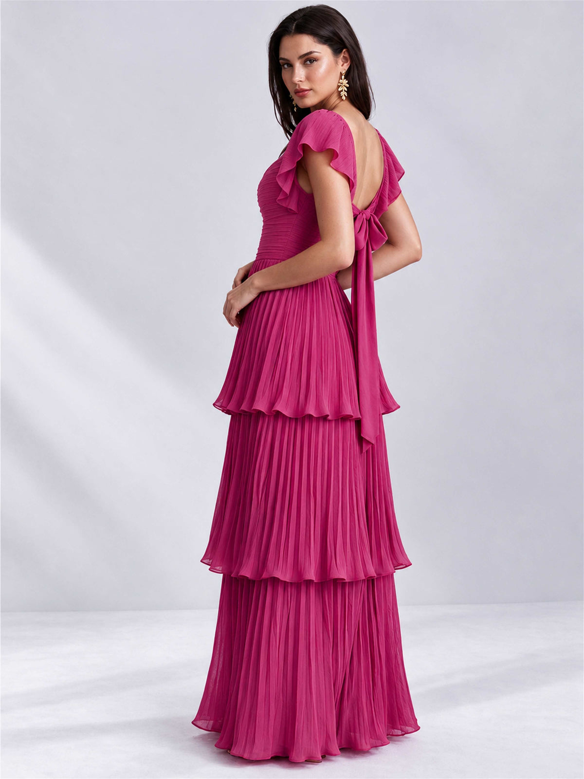 Sweetheart A-Line Tiered Chiffon Pleated Wedding Guest Dress with Flutter Sleeves