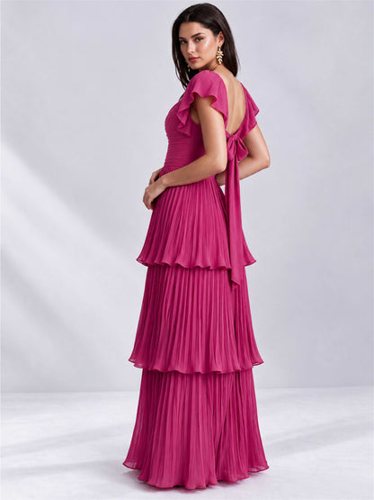 Sweetheart A-Line Tiered Chiffon Pleated Wedding Guest Dress with Flutter Sleeves