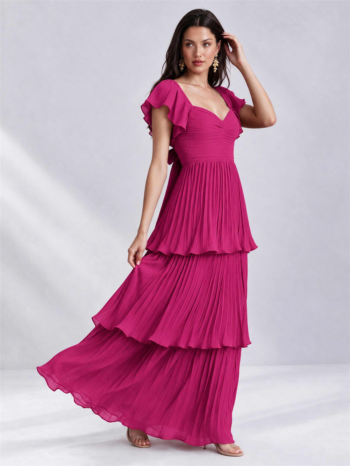 Sweetheart A-Line Tiered Chiffon Pleated Wedding Guest Dress with Flutter Sleeves