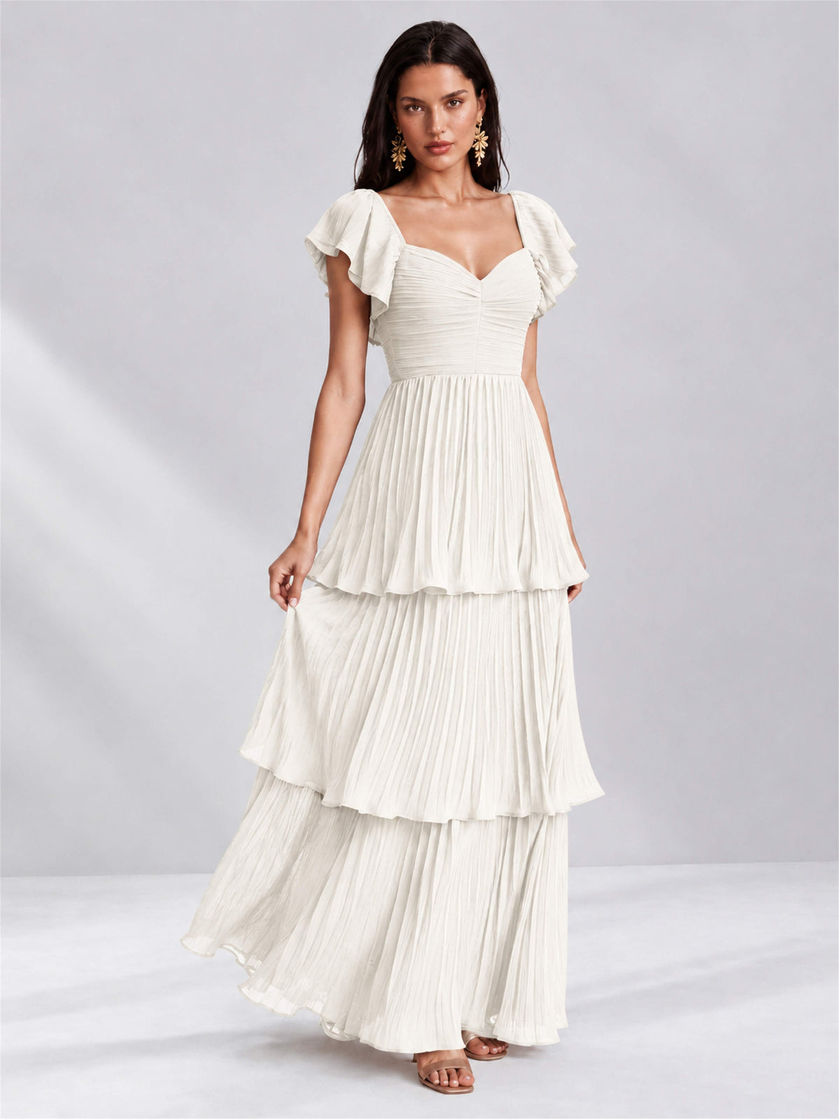 Sweetheart A-Line Tiered Chiffon Pleated Wedding Guest Dress with Flutter Sleeves