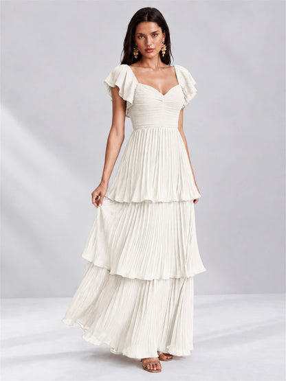 Sweetheart A-Line Tiered Chiffon Pleated Wedding Guest Dress with Flutter Sleeves