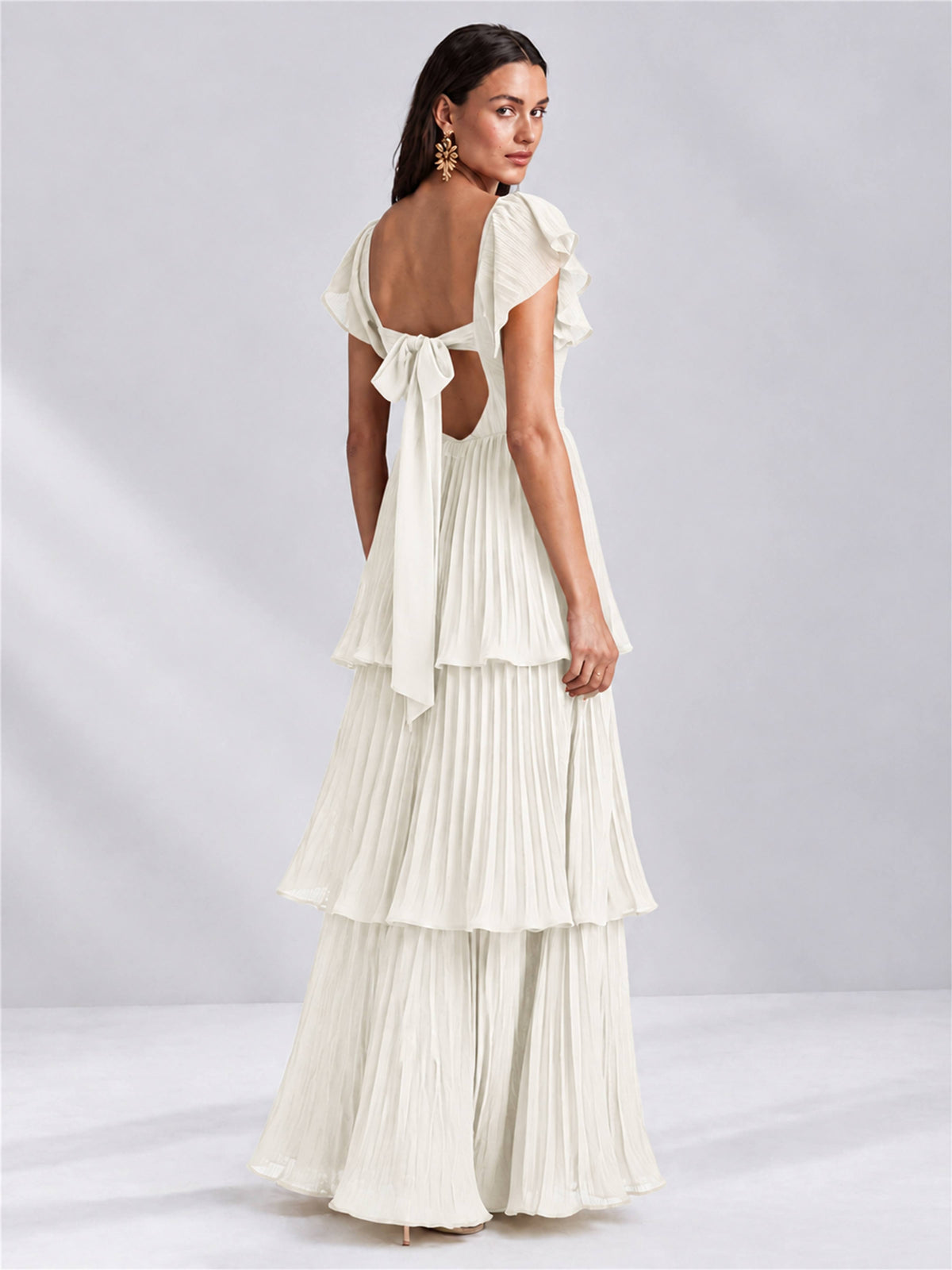 Sweetheart A-Line Tiered Chiffon Pleated Wedding Guest Dress with Flutter Sleeves
