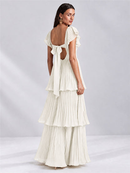 Sweetheart A-Line Tiered Chiffon Pleated Wedding Guest Dress with Flutter Sleeves
