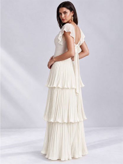 Sweetheart A-Line Tiered Chiffon Pleated Wedding Guest Dress with Flutter Sleeves