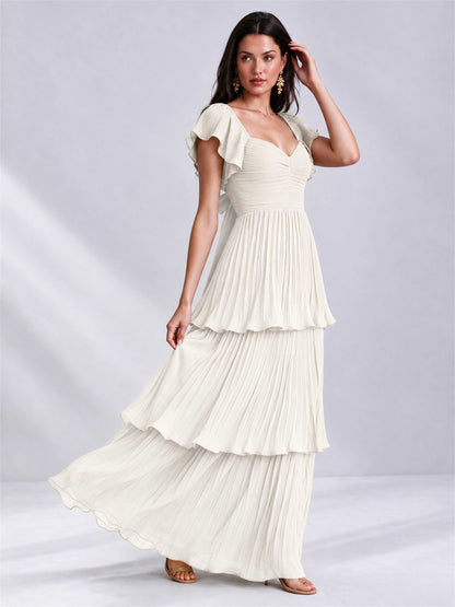 Sweetheart A-Line Tiered Chiffon Pleated Wedding Guest Dress with Flutter Sleeves
