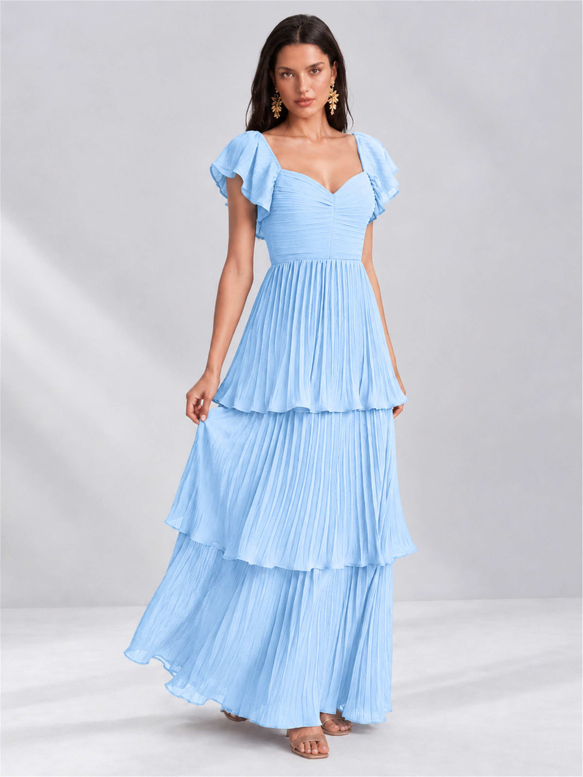Sweetheart A-Line Tiered Chiffon Pleated Wedding Guest Dress with Flutter Sleeves