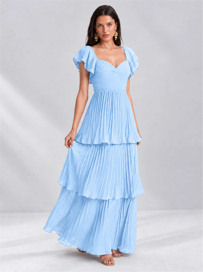 Sweetheart A-Line Tiered Chiffon Pleated Wedding Guest Dress with Flutter Sleeves