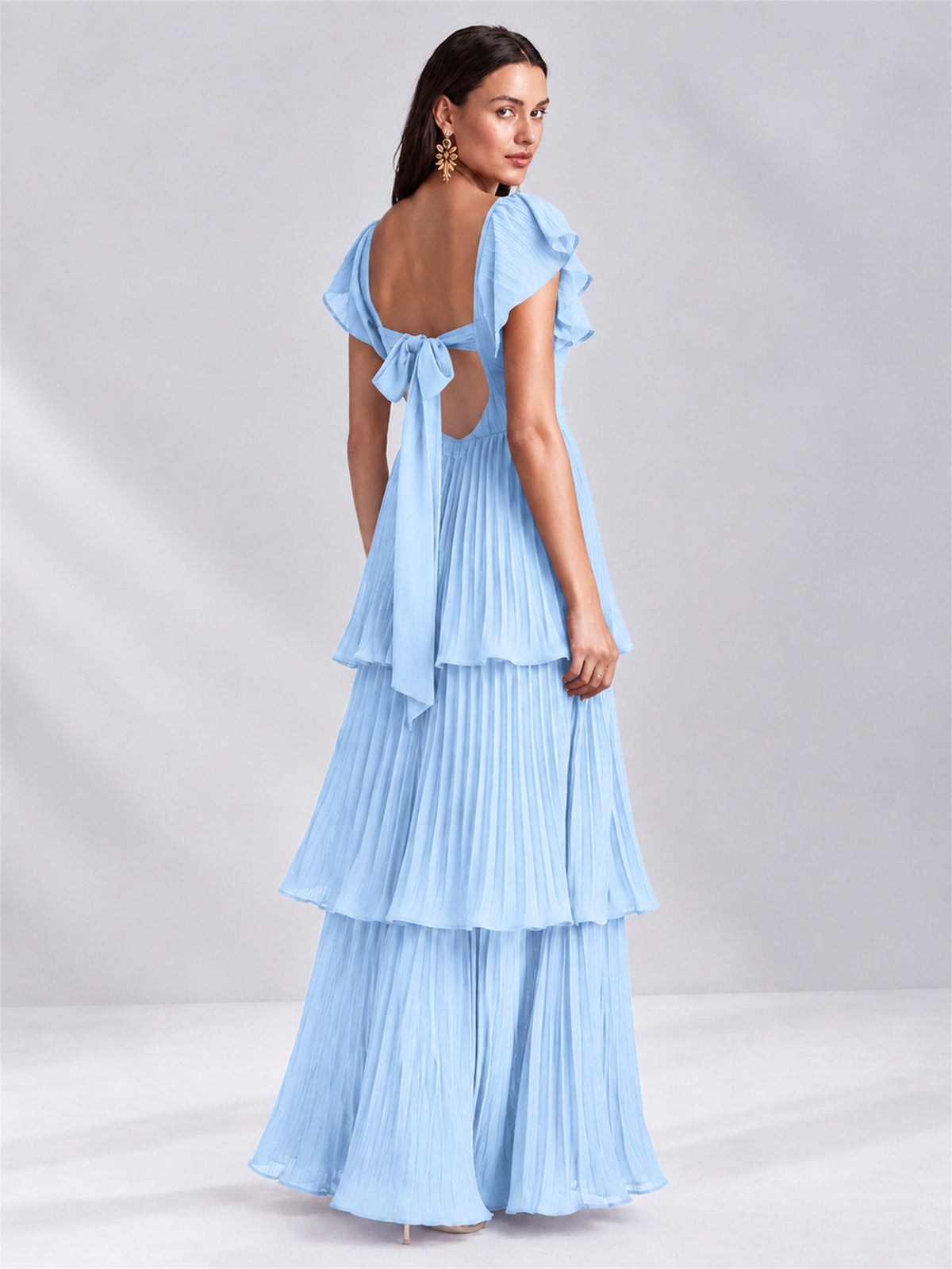 Sweetheart A-Line Tiered Chiffon Pleated Wedding Guest Dress with Flutter Sleeves