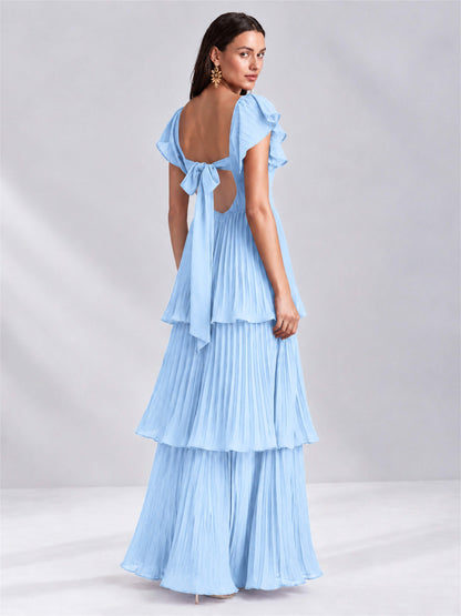 Sweetheart A-Line Tiered Chiffon Pleated Wedding Guest Dress with Flutter Sleeves