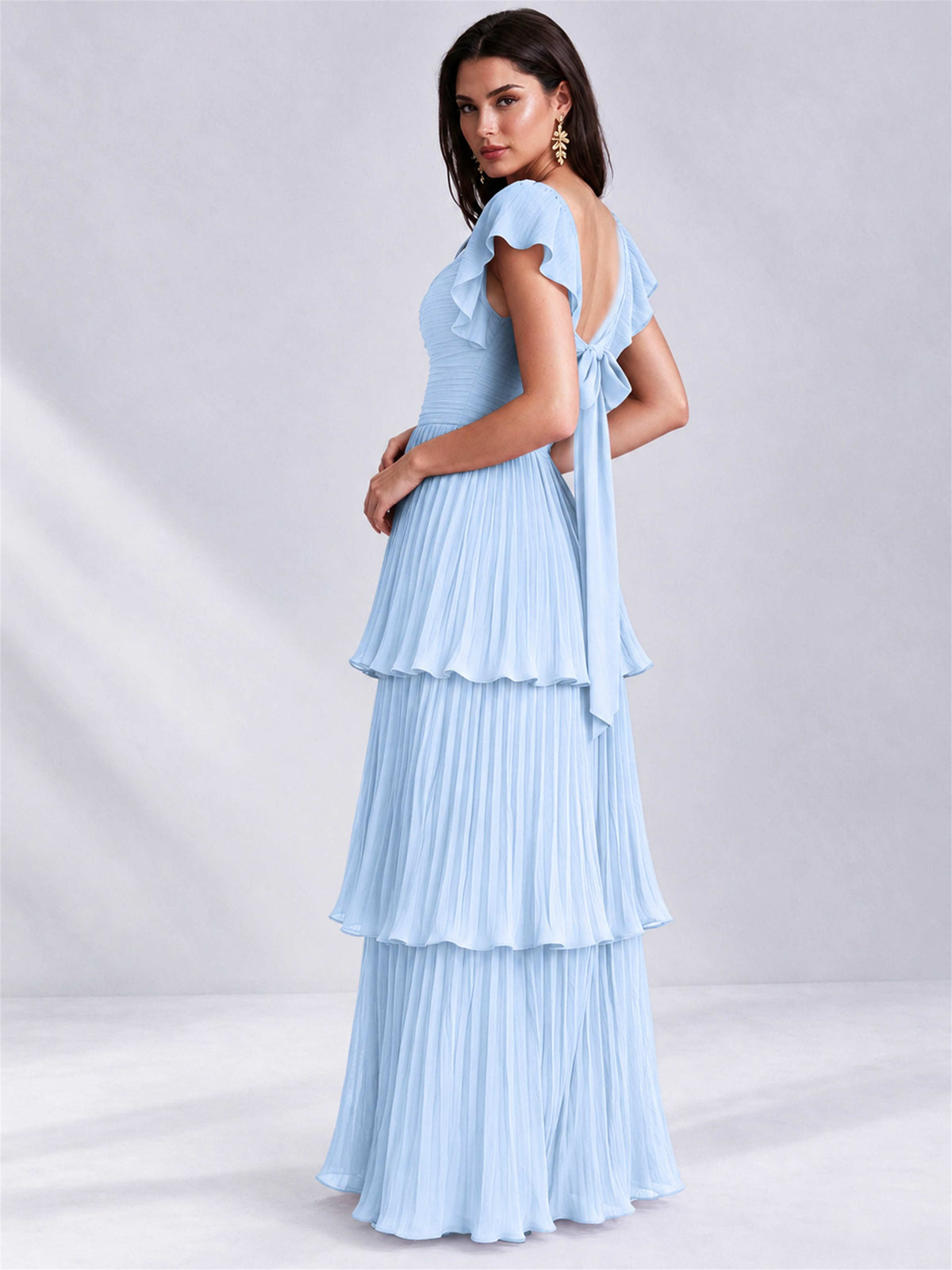 Sweetheart A-Line Tiered Chiffon Pleated Wedding Guest Dress with Flutter Sleeves