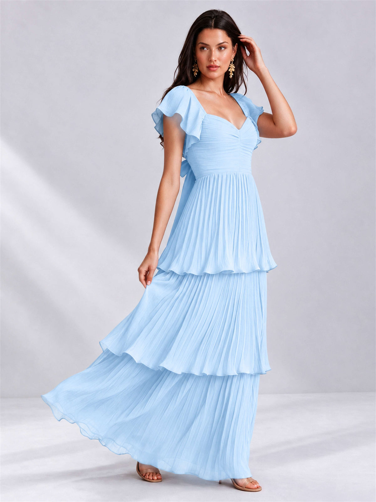 Sweetheart A-Line Tiered Chiffon Pleated Wedding Guest Dress with Flutter Sleeves