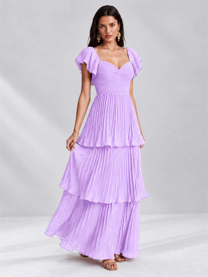 Sweetheart A-Line Tiered Chiffon Pleated Wedding Guest Dress with Flutter Sleeves