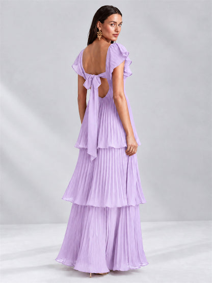 Sweetheart A-Line Tiered Chiffon Pleated Wedding Guest Dress with Flutter Sleeves