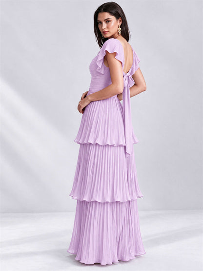 Sweetheart A-Line Tiered Chiffon Pleated Wedding Guest Dress with Flutter Sleeves