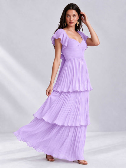 Sweetheart A-Line Tiered Chiffon Pleated Wedding Guest Dress with Flutter Sleeves