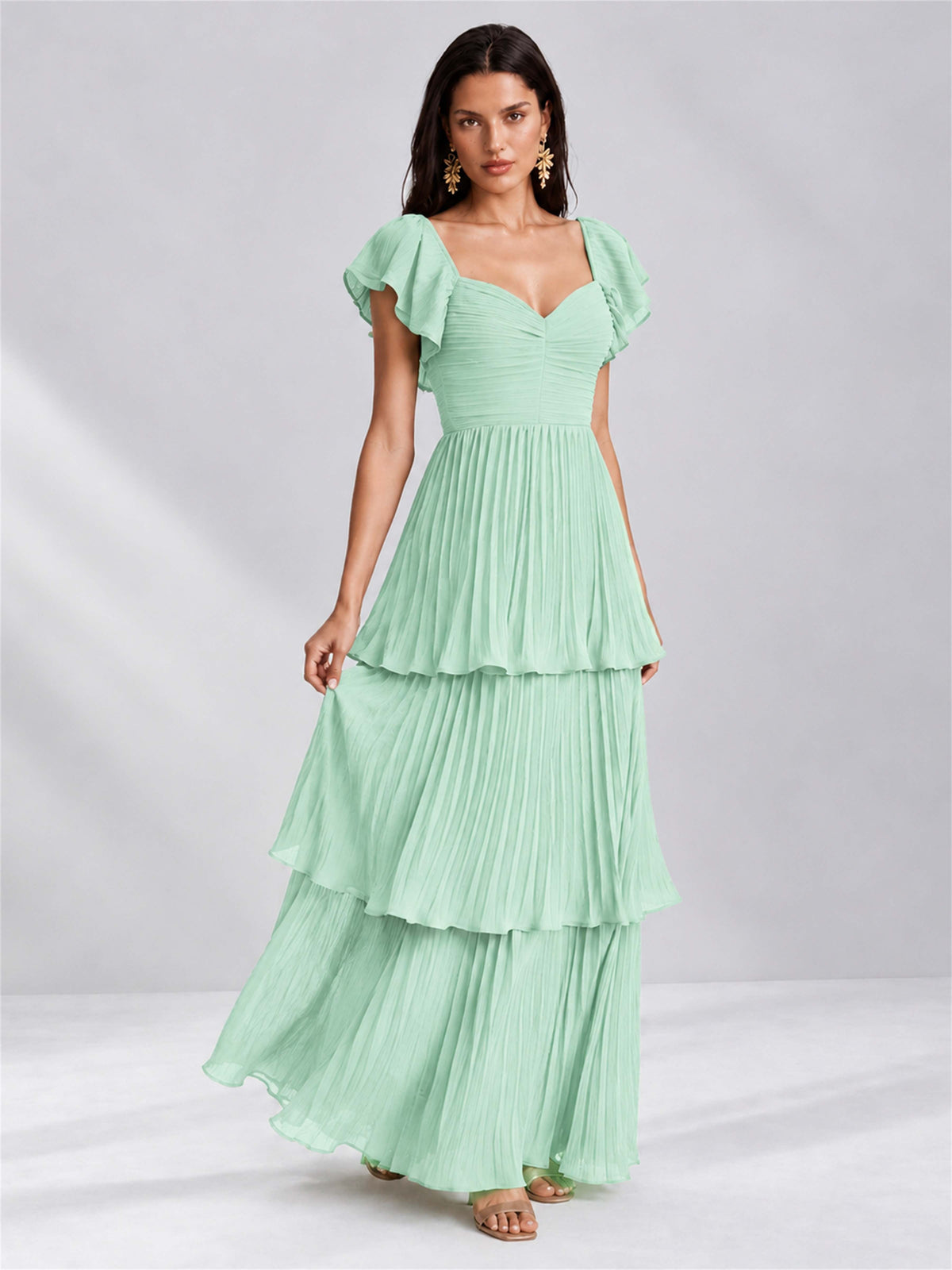 Sweetheart A-Line Tiered Chiffon Pleated Wedding Guest Dress with Flutter Sleeves