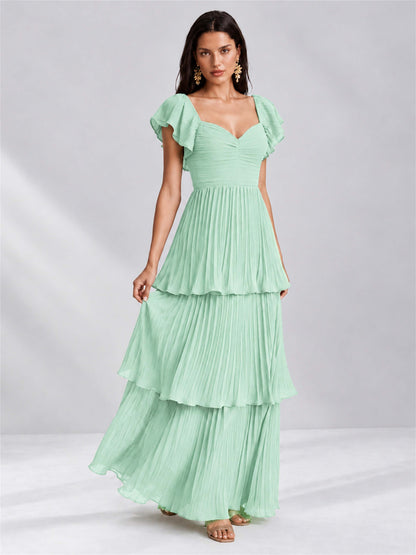 Sweetheart A-Line Tiered Chiffon Pleated Wedding Guest Dress with Flutter Sleeves