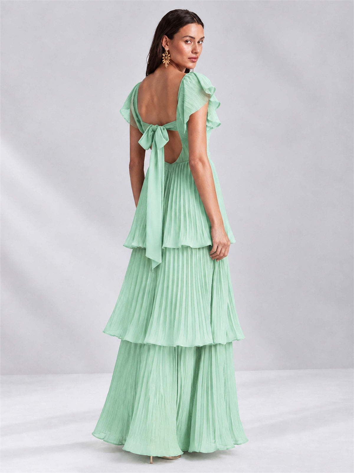Sweetheart A-Line Tiered Chiffon Pleated Wedding Guest Dress with Flutter Sleeves