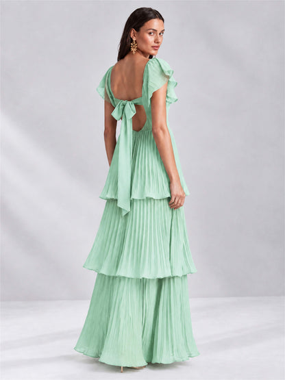 Sweetheart A-Line Tiered Chiffon Pleated Wedding Guest Dress with Flutter Sleeves