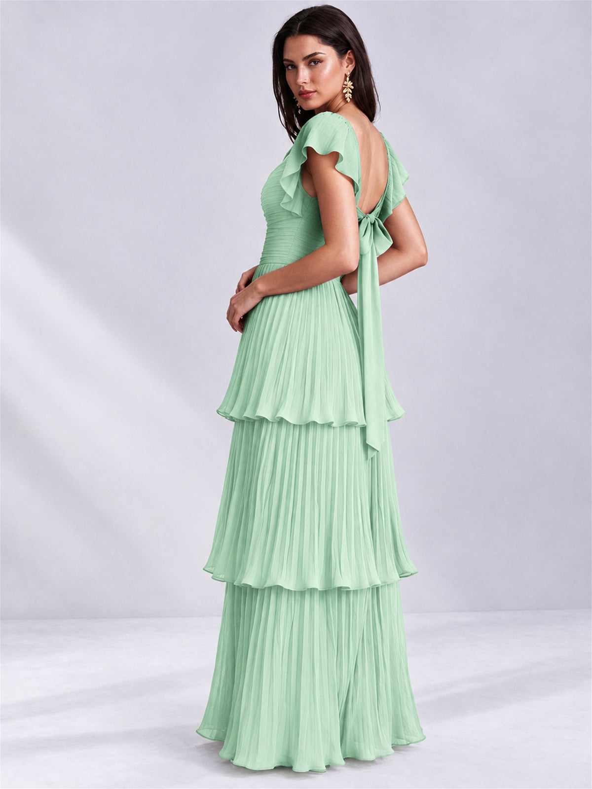 Sweetheart A-Line Tiered Chiffon Pleated Wedding Guest Dress with Flutter Sleeves