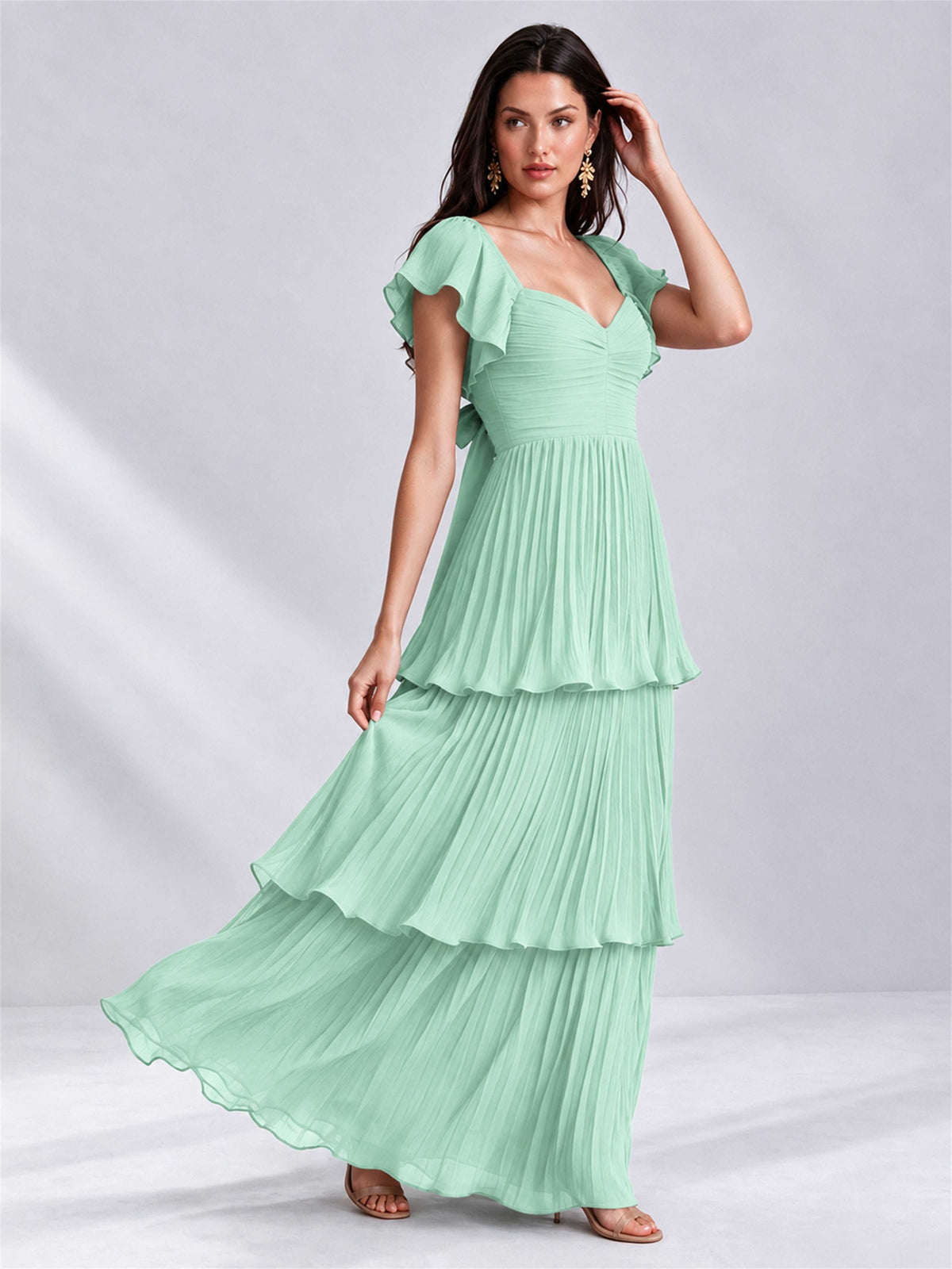Sweetheart A-Line Tiered Chiffon Pleated Wedding Guest Dress with Flutter Sleeves