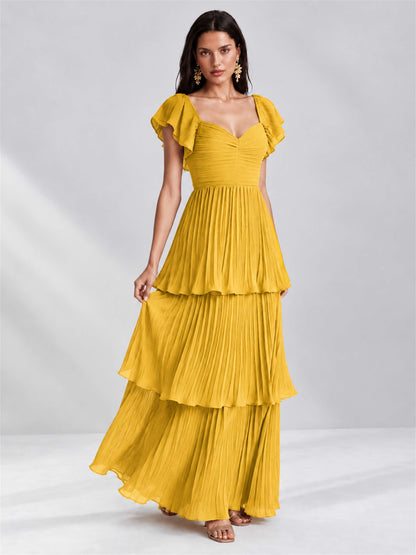Sweetheart A-Line Tiered Chiffon Pleated Wedding Guest Dress with Flutter Sleeves