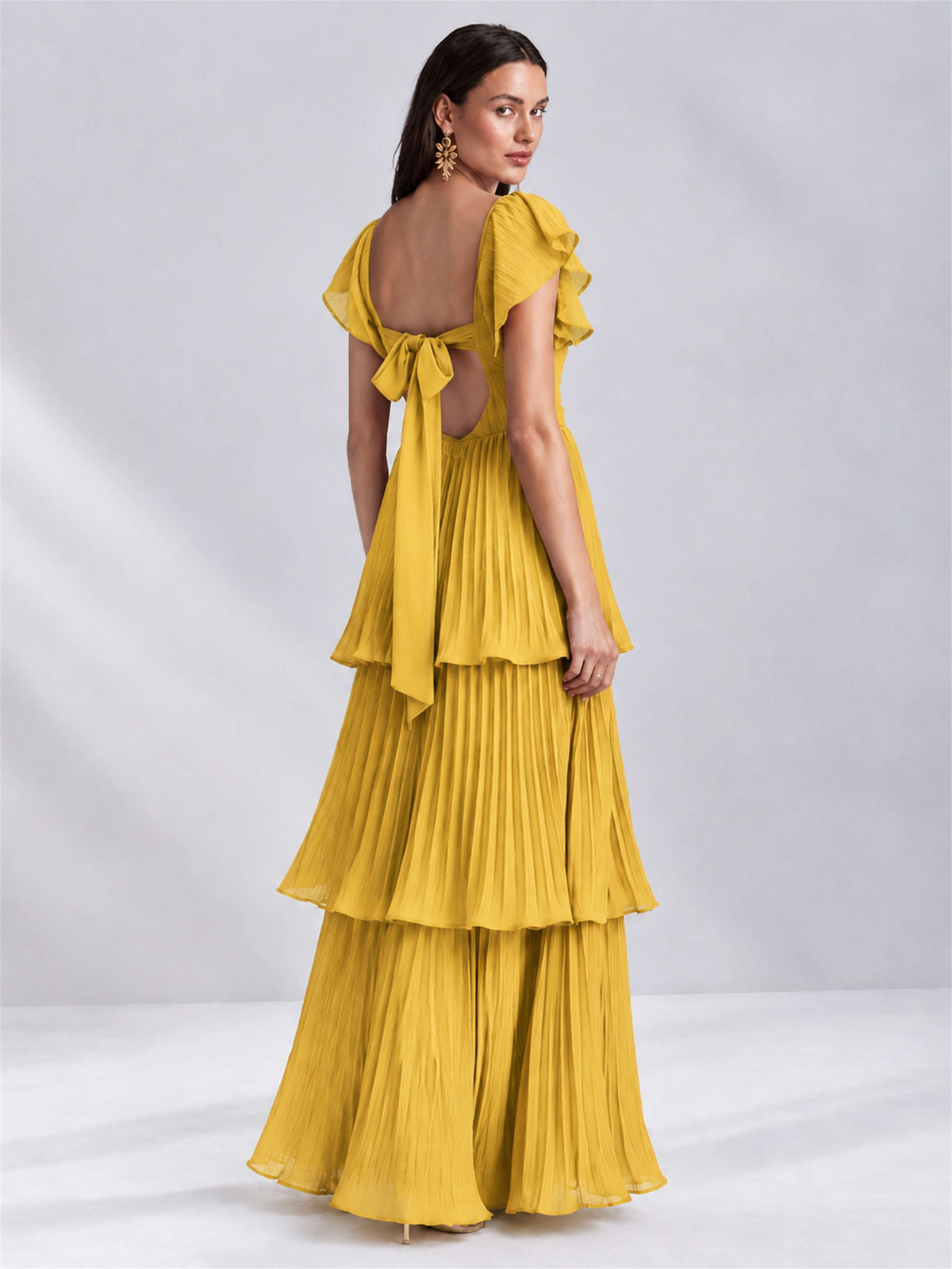 Sweetheart A-Line Tiered Chiffon Pleated Wedding Guest Dress with Flutter Sleeves