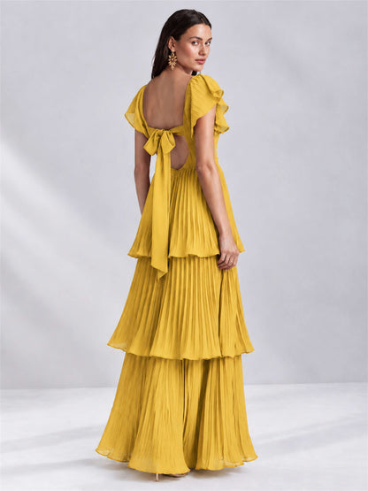 Sweetheart A-Line Tiered Chiffon Pleated Wedding Guest Dress with Flutter Sleeves