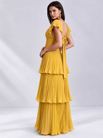 Sweetheart A-Line Tiered Chiffon Pleated Wedding Guest Dress with Flutter Sleeves
