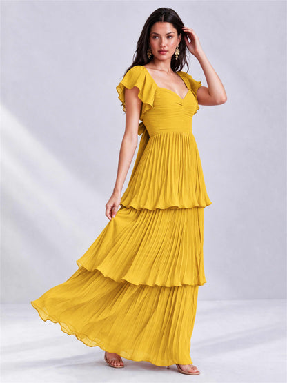 Sweetheart A-Line Tiered Chiffon Pleated Wedding Guest Dress with Flutter Sleeves