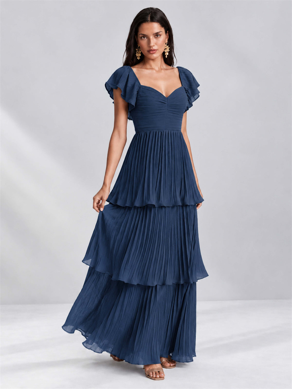 Sweetheart A-Line Tiered Chiffon Pleated Wedding Guest Dress with Flutter Sleeves