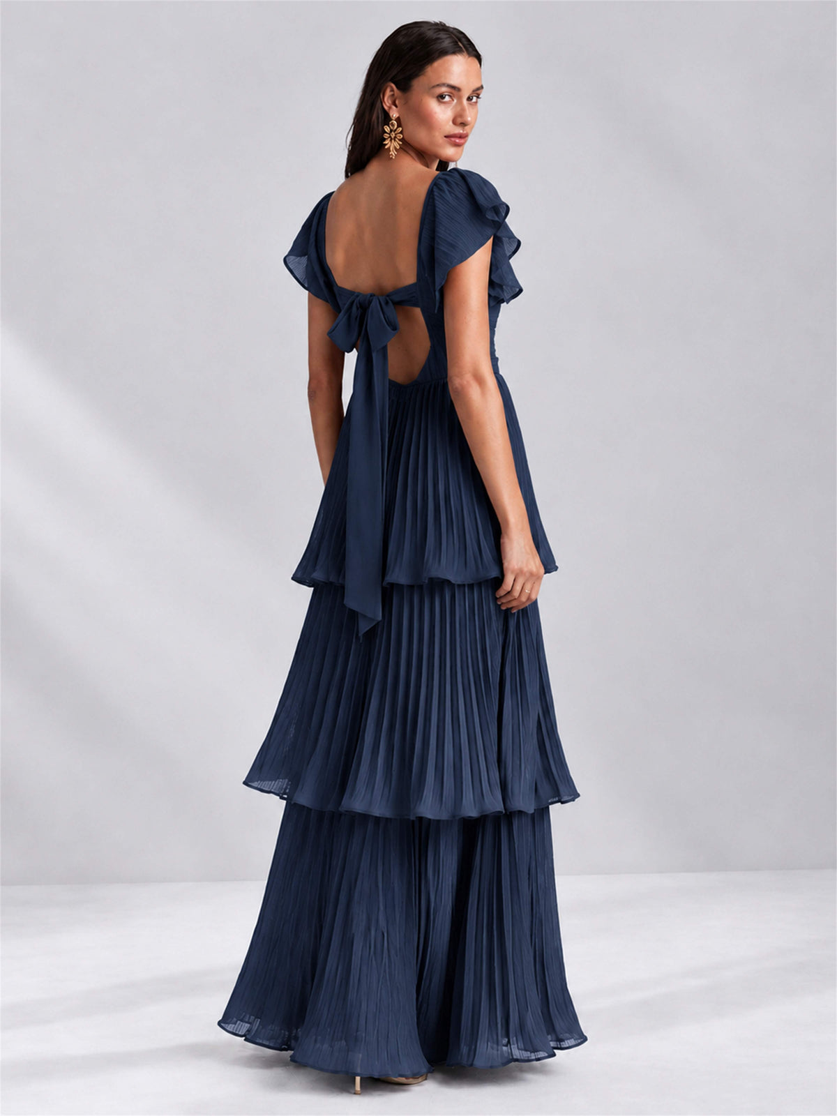 Sweetheart A-Line Tiered Chiffon Pleated Wedding Guest Dress with Flutter Sleeves