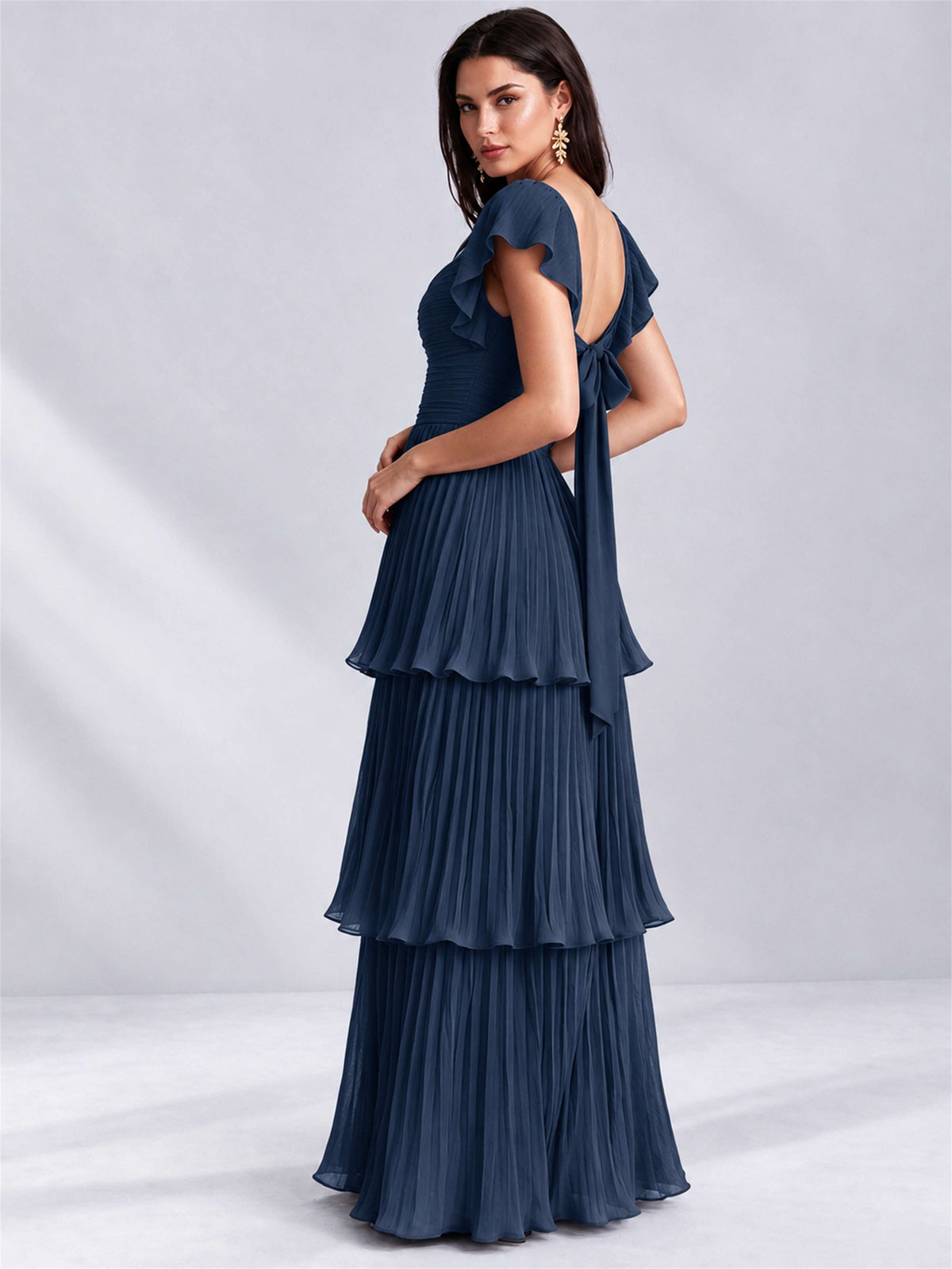 Sweetheart A-Line Tiered Chiffon Pleated Wedding Guest Dress with Flutter Sleeves