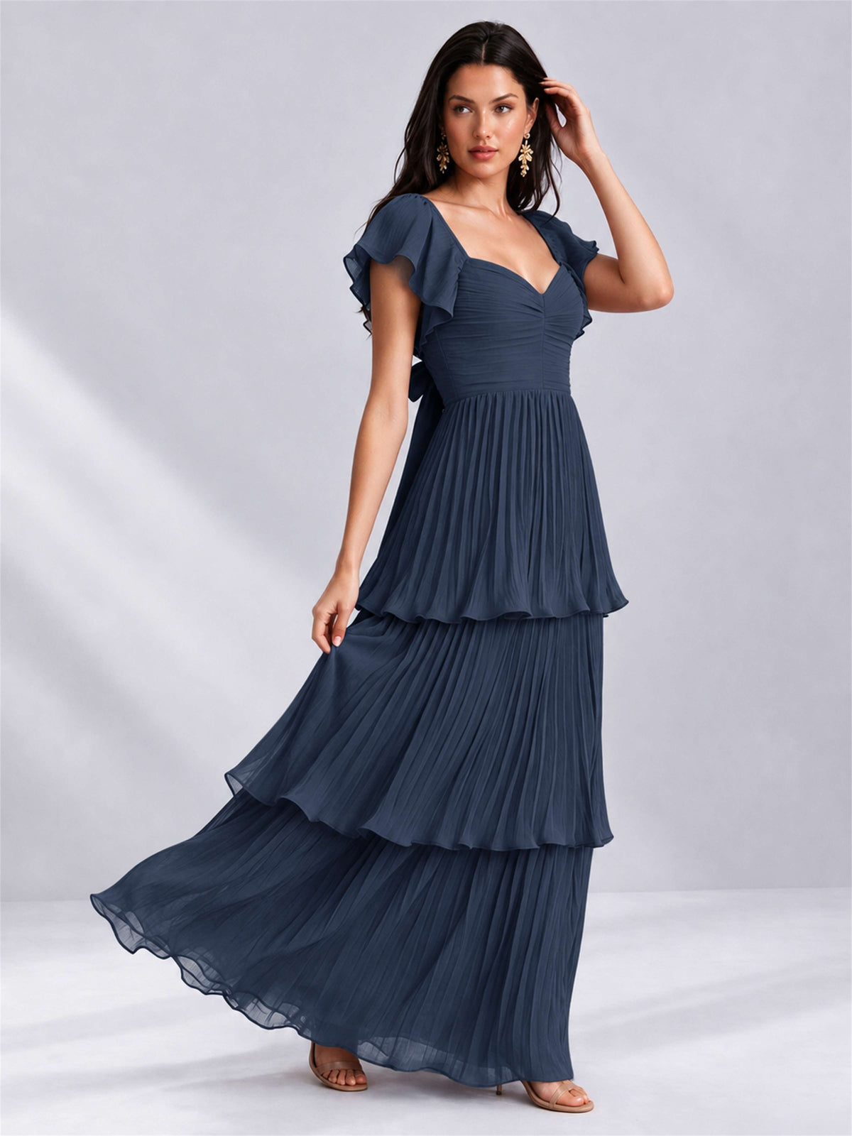 Sweetheart A-Line Tiered Chiffon Pleated Wedding Guest Dress with Flutter Sleeves