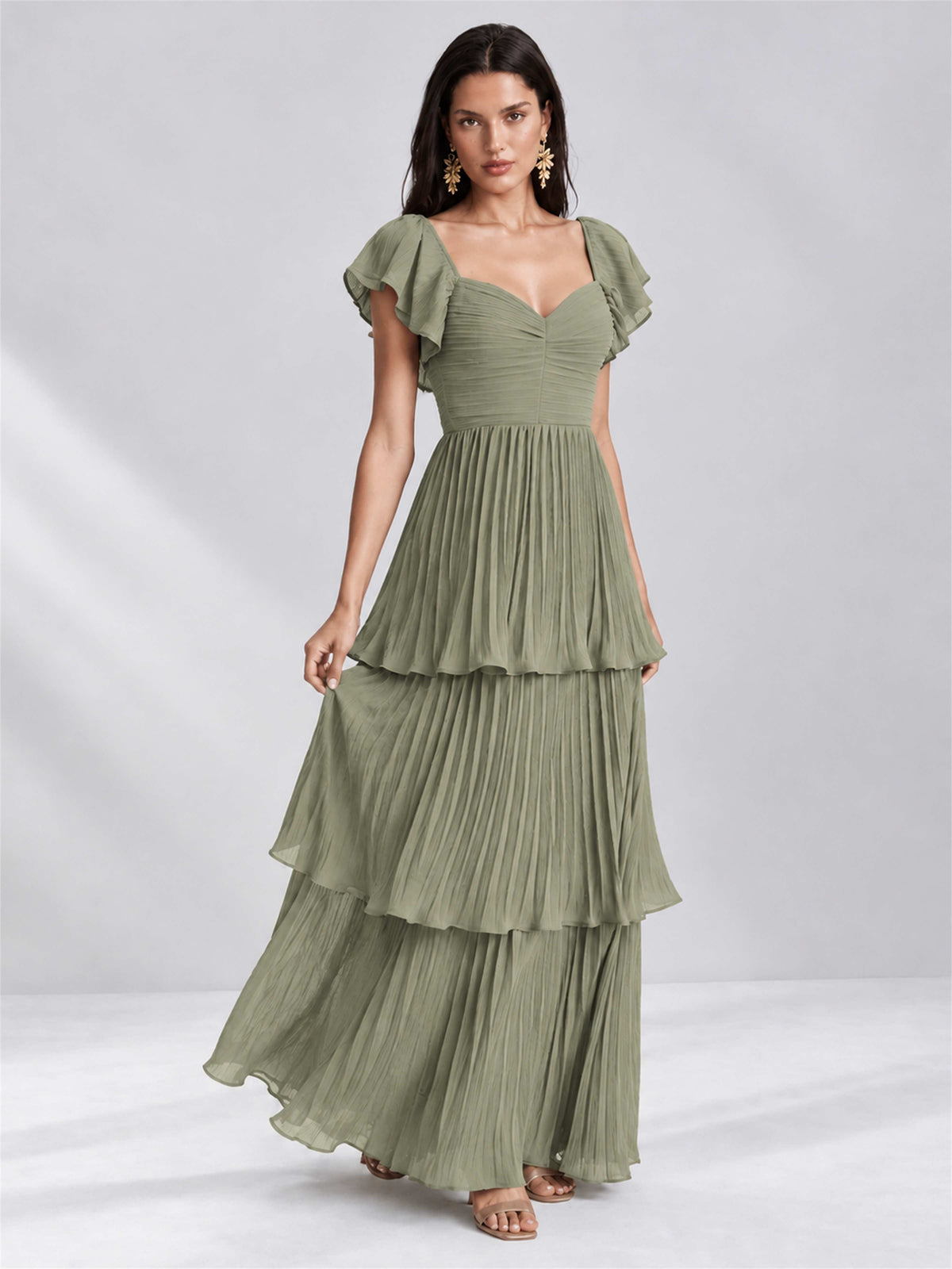 Sweetheart A-Line Tiered Chiffon Pleated Wedding Guest Dress with Flutter Sleeves