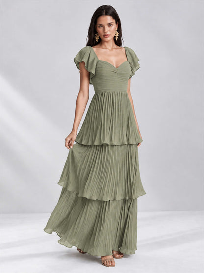 Sweetheart A-Line Tiered Chiffon Pleated Wedding Guest Dress with Flutter Sleeves
