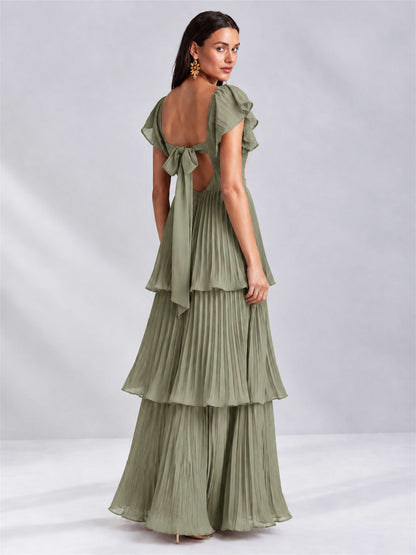 Sweetheart A-Line Tiered Chiffon Pleated Wedding Guest Dress with Flutter Sleeves