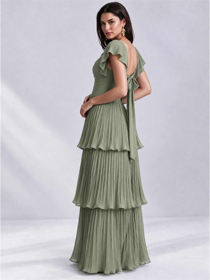 Sweetheart A-Line Tiered Chiffon Pleated Wedding Guest Dress with Flutter Sleeves