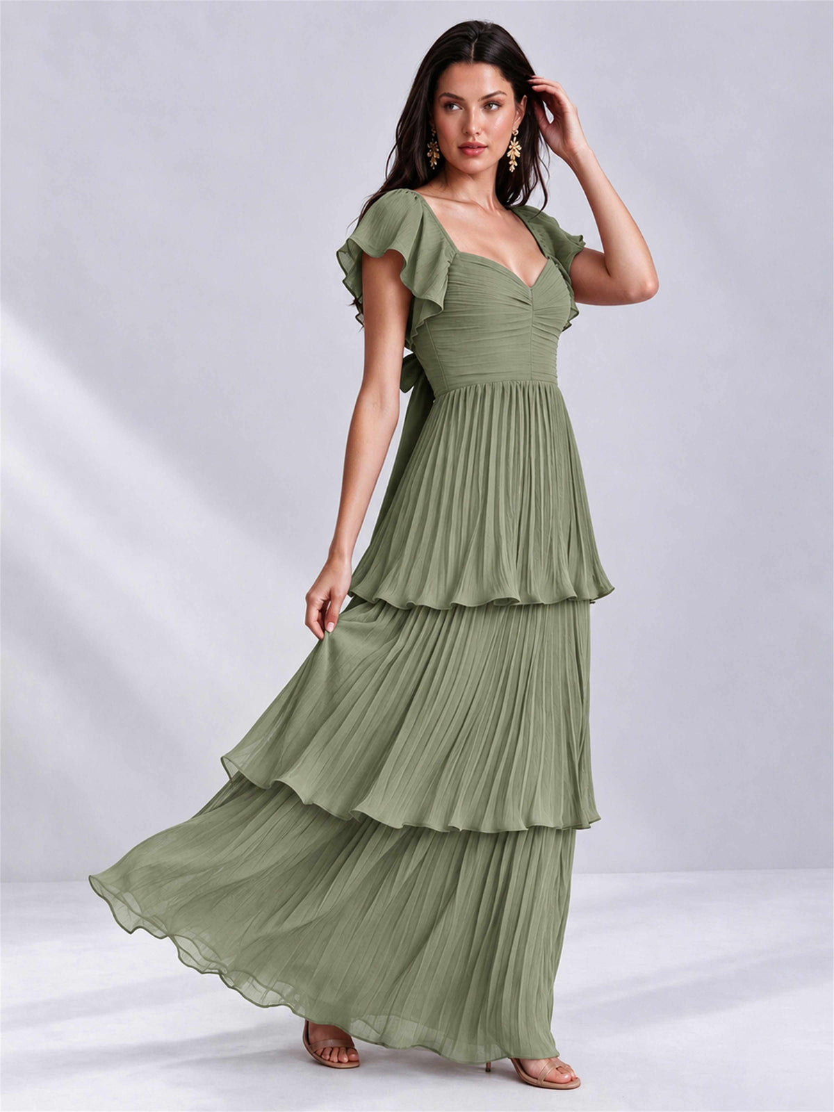 Sweetheart A-Line Tiered Chiffon Pleated Wedding Guest Dress with Flutter Sleeves