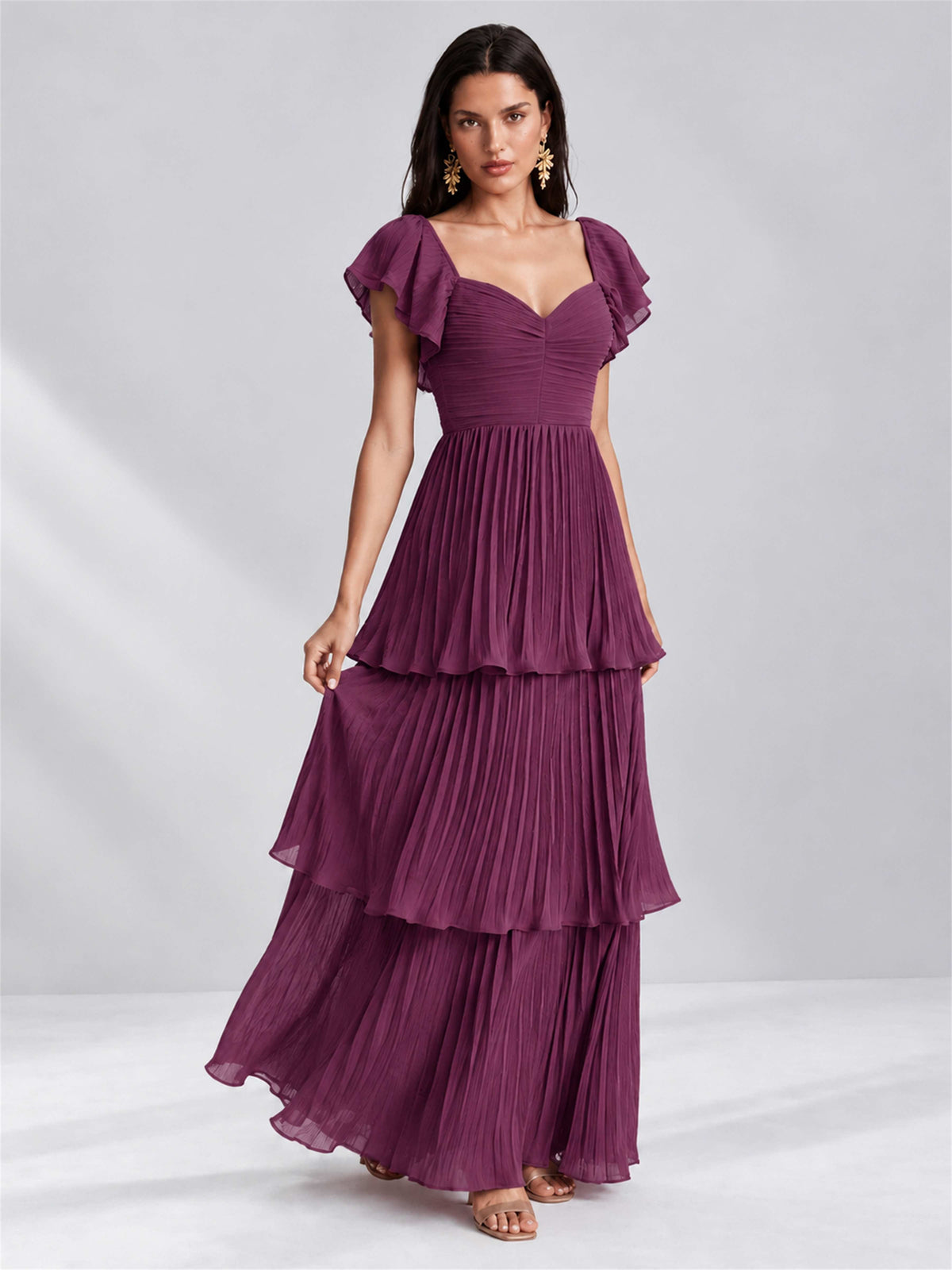 Sweetheart A-Line Tiered Chiffon Pleated Wedding Guest Dress with Flutter Sleeves