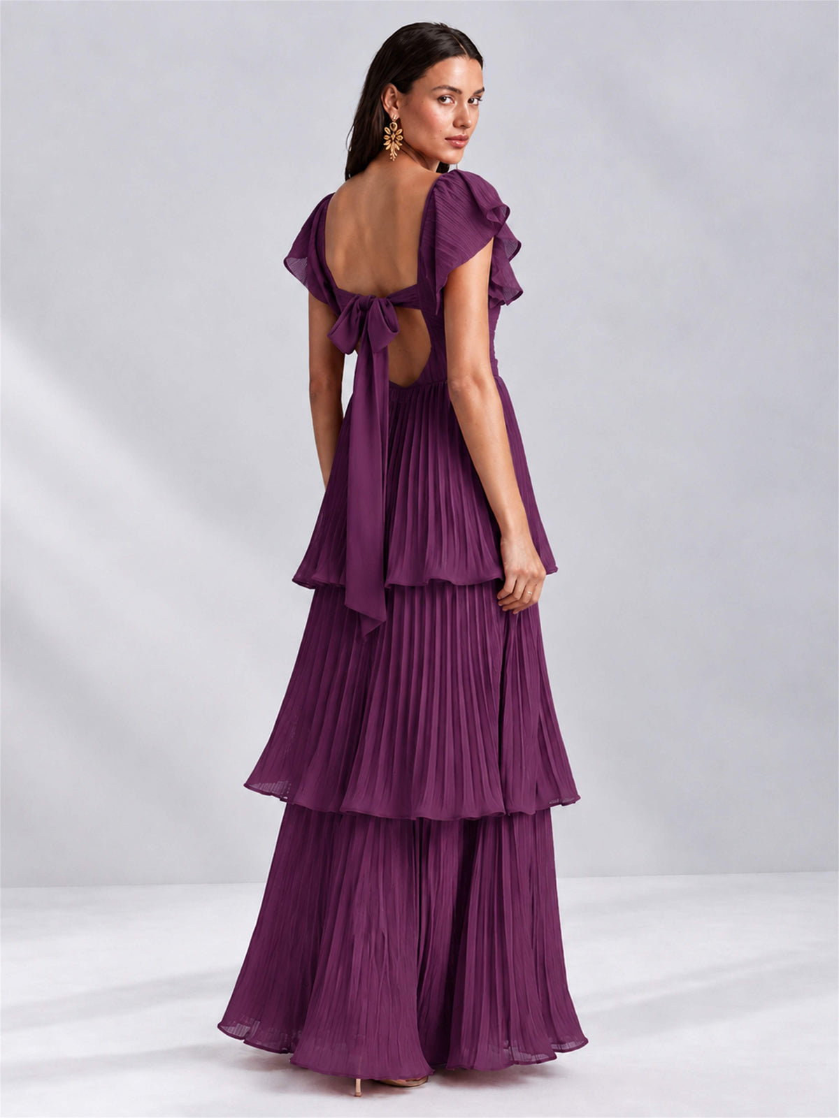 Sweetheart A-Line Tiered Chiffon Pleated Wedding Guest Dress with Flutter Sleeves