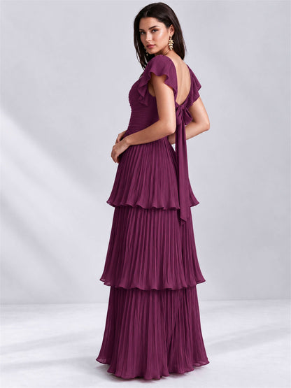 Sweetheart A-Line Tiered Chiffon Pleated Wedding Guest Dress with Flutter Sleeves