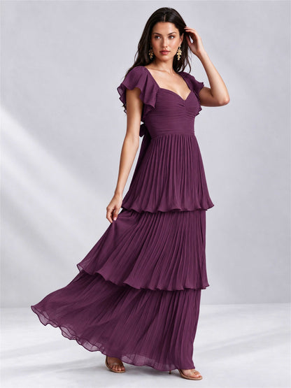 Sweetheart A-Line Tiered Chiffon Pleated Wedding Guest Dress with Flutter Sleeves
