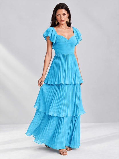 Sweetheart A-Line Tiered Chiffon Pleated Wedding Guest Dress with Flutter Sleeves