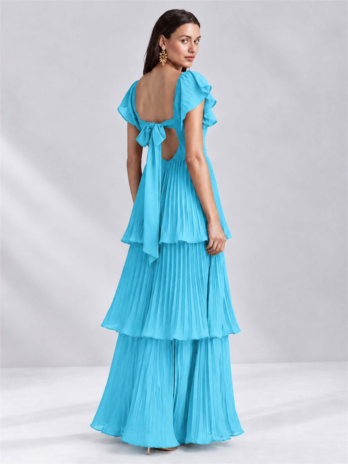 Sweetheart A-Line Tiered Chiffon Pleated Wedding Guest Dress with Flutter Sleeves