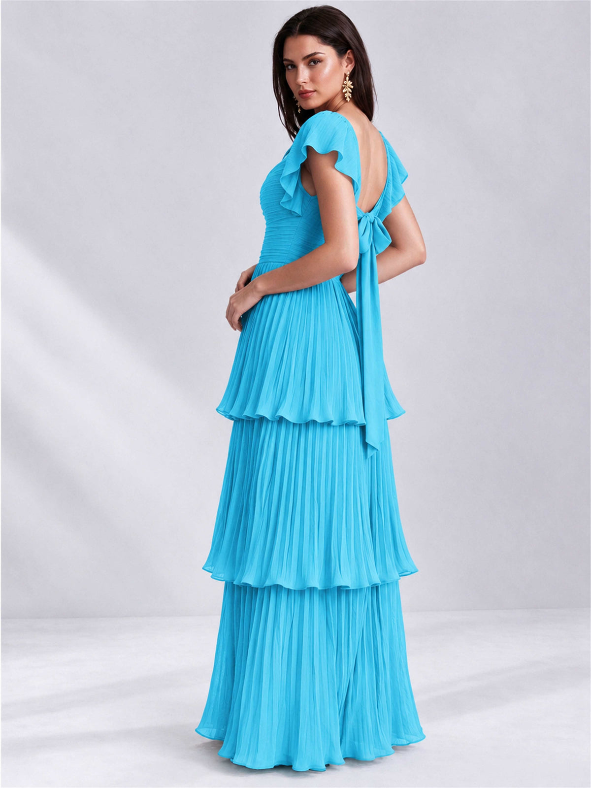 Sweetheart A-Line Tiered Chiffon Pleated Wedding Guest Dress with Flutter Sleeves